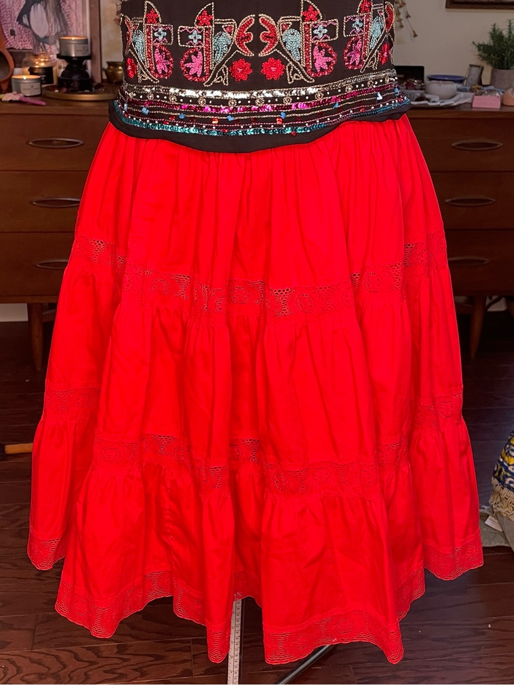 Vintage full Red Tiered Midi Skirt with lace  - Women